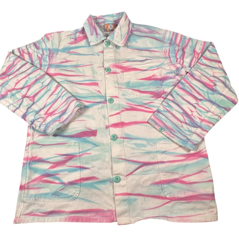 Mokuyobi Pink Blue Tie Dye Tiger Stripe Chore Coat Cotton Denim Jacket Womens M